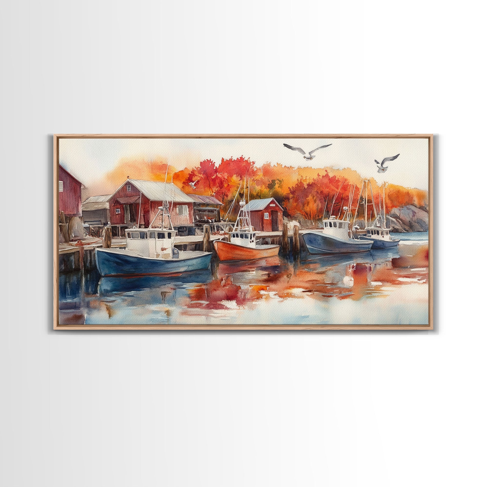 Fishing boats in harbor with autumn trees, framed canvas print, fall coastal art, rustic nautical decor, perfect gift idea, autumn wall art
