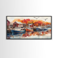 Fishing boats in harbor with autumn trees, framed canvas print, fall coastal art, rustic nautical decor, perfect gift idea, autumn wall art