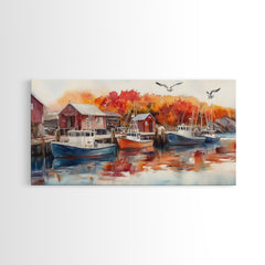Fishing boats in harbor with autumn trees, framed canvas print, fall coastal art, rustic nautical decor, perfect gift idea, autumn wall art