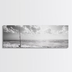 Beach Fishing, Ocean Waves, Rod and Reel, Framed Canvas Print, Coastal Living Wall Art, Minimalist Nautical Decor, Beach House Aesthetic