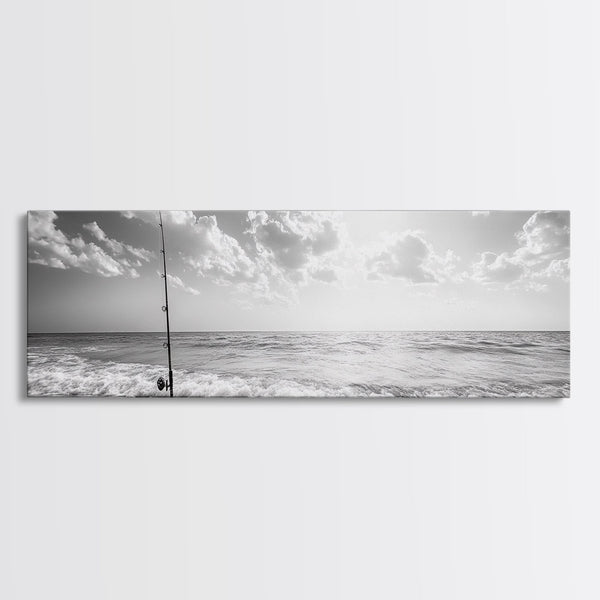 Beach Fishing, Ocean Waves, Rod and Reel, Framed Canvas Print, Coastal Living Wall Art, Minimalist Nautical Decor, Beach House Aesthetic