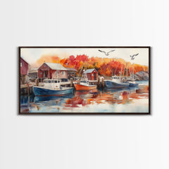 Fishing boats in harbor with autumn trees, framed canvas print, fall coastal art, rustic nautical decor, perfect gift idea, autumn wall art