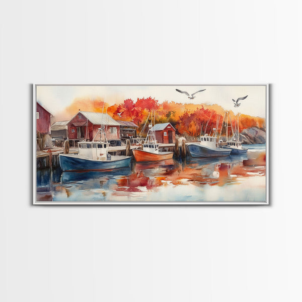 Fishing boats in harbor with autumn trees, framed canvas print, fall coastal art, rustic nautical decor, perfect gift idea, autumn wall art
