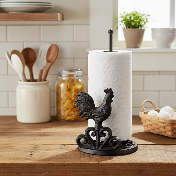 Farmhouse Cast Iron Rooster Paper Towel Holder, Rustic Kitchen Dispenser