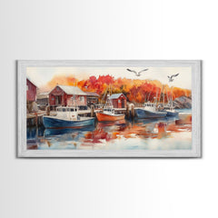 Fishing boats in harbor with autumn trees, framed canvas print, fall coastal art, rustic nautical decor, perfect gift idea, autumn wall art