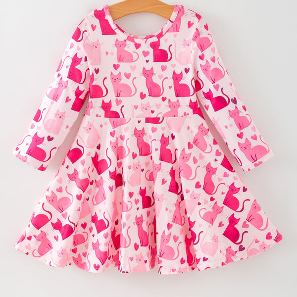 Valentine Toddler Girls Pink Cat Dress – Long Sleeve Heart Print Outfit