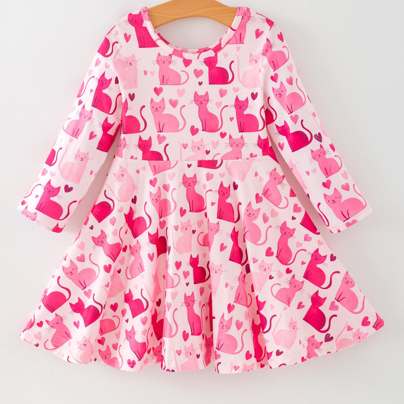 Valentine Toddler Girls Pink Cat Dress – Long Sleeve Heart Print Outfit