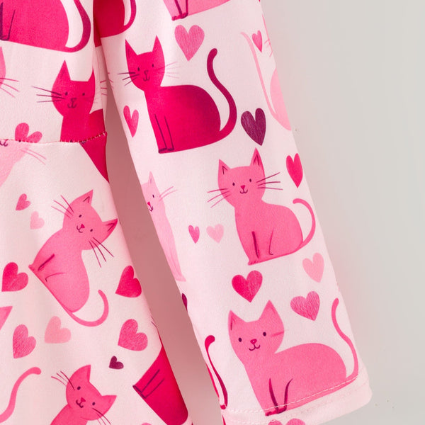 Valentine Toddler Girls Pink Cat Dress – Long Sleeve Heart Print Outfit