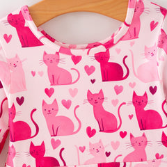 Valentine Toddler Girls Pink Cat Dress – Long Sleeve Heart Print Outfit