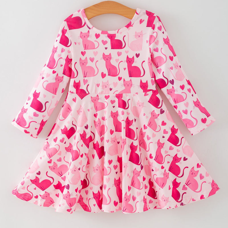 Valentine Toddler Girls Pink Cat Dress – Long Sleeve Heart Print Outfit