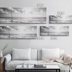 Beach Fishing, Ocean Waves, Rod and Reel, Framed Canvas Print, Coastal Living Wall Art, Minimalist Nautical Decor, Beach House Aesthetic