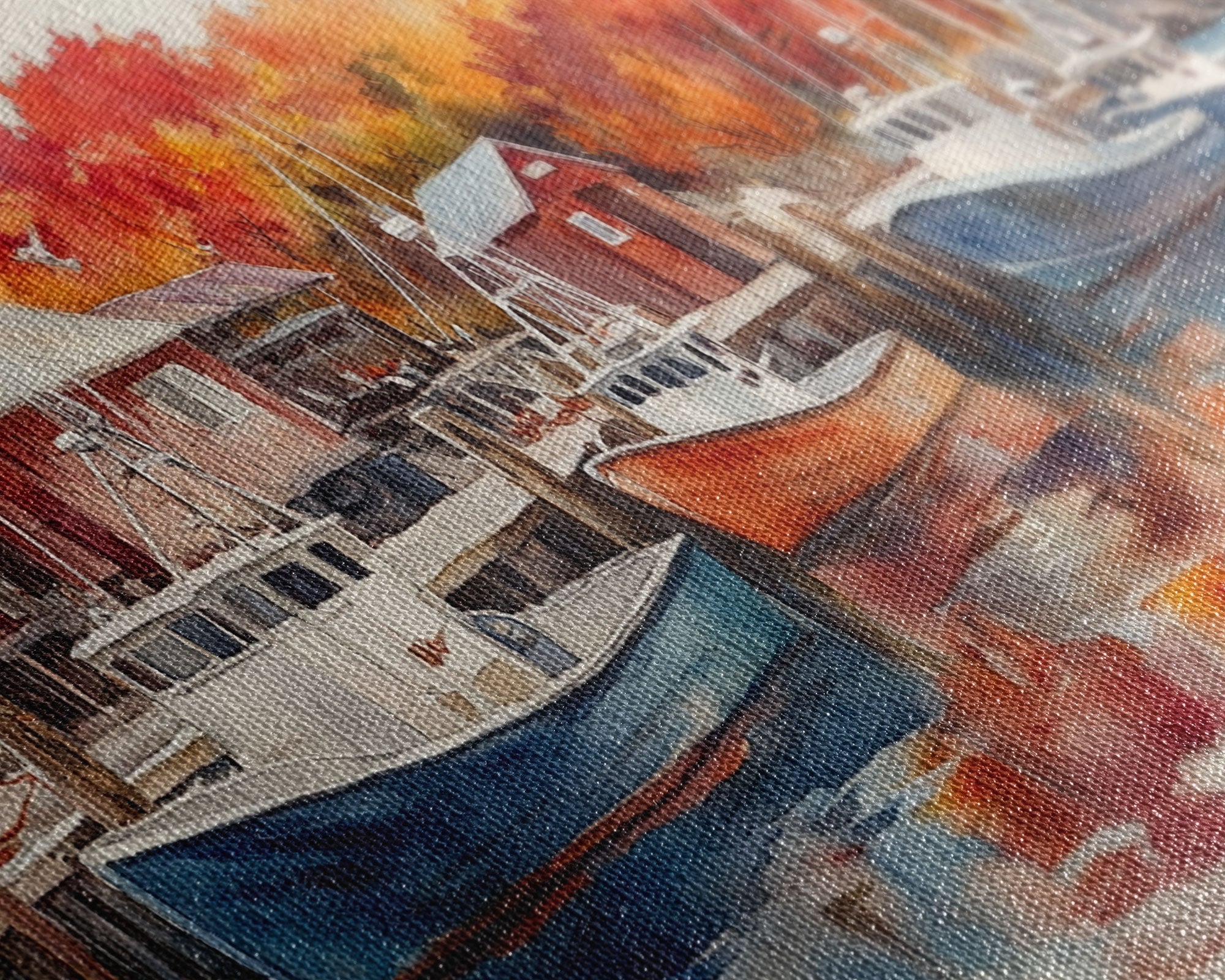 Fishing boats in harbor with autumn trees, framed canvas print, fall coastal art, rustic nautical decor, perfect gift idea, autumn wall art