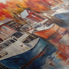 Fishing boats in harbor with autumn trees, framed canvas print, fall coastal art, rustic nautical decor, perfect gift idea, autumn wall art