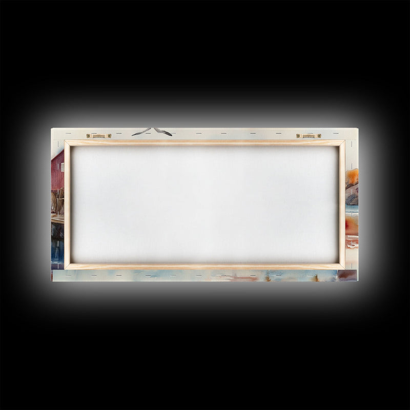 Fishing boats in harbor with autumn trees, framed canvas print, fall coastal art, rustic nautical decor, perfect gift idea, autumn wall art