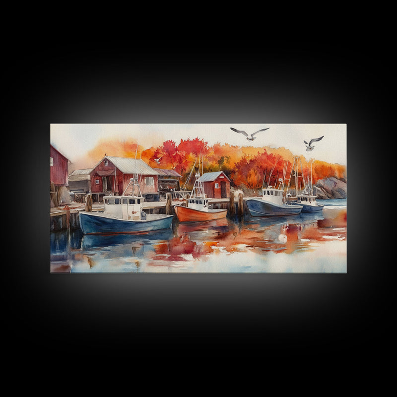 Fishing boats in harbor with autumn trees, framed canvas print, fall coastal art, rustic nautical decor, perfect gift idea, autumn wall art