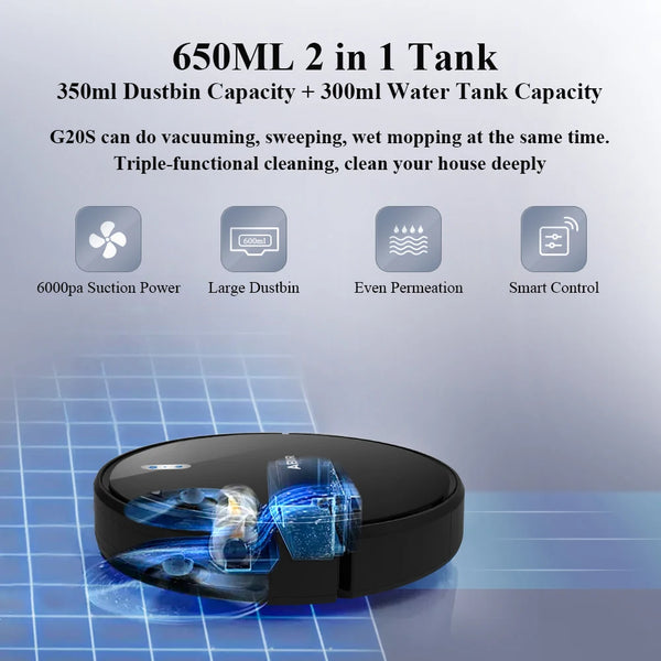 Robot Vacuum Cleaner G20S, 6000Pa Suction,Remote Upgrade, 2 in1 Wet Dry Mop, Wifi App, Smart Vaccum Auto Floor Washing for Home,