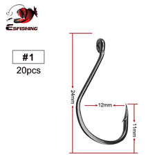 ESFISHING Fishing Hook High Carbon Steel Hooks 20PCS 1/0 2/0 3/0 4/0 High Strength Single Eye Hooks For Soft Lure