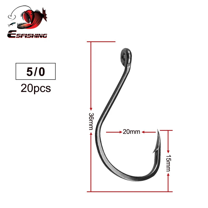 ESFISHING Fishing Hook High Carbon Steel Hooks 20PCS 1/0 2/0 3/0 4/0 High Strength Single Eye Hooks For Soft Lure