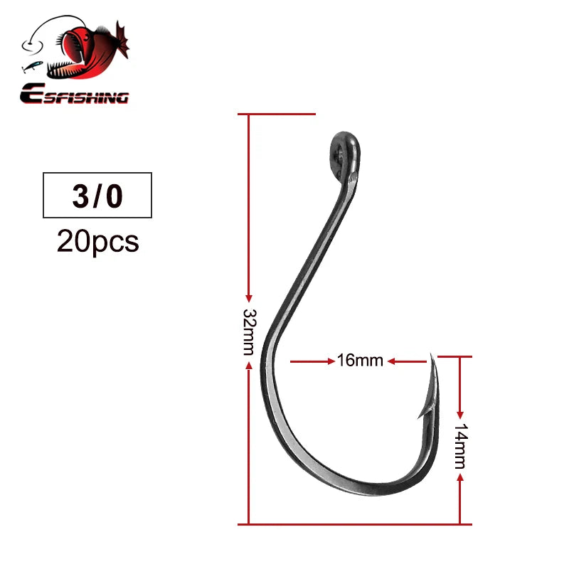 ESFISHING Fishing Hook High Carbon Steel Hooks 20PCS 1/0 2/0 3/0 4/0 High Strength Single Eye Hooks For Soft Lure