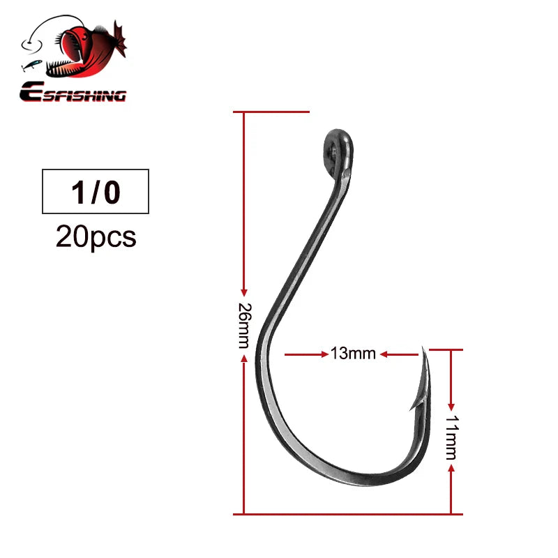 ESFISHING Fishing Hook High Carbon Steel Hooks 20PCS 1/0 2/0 3/0 4/0 High Strength Single Eye Hooks For Soft Lure