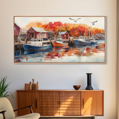 Fishing boats in harbor with autumn trees, framed canvas print, fall coastal art, rustic nautical decor, perfect gift idea, autumn wall art