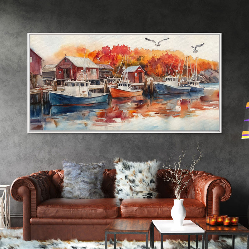 Fishing boats in harbor with autumn trees, framed canvas print, fall coastal art, rustic nautical decor, perfect gift idea, autumn wall art