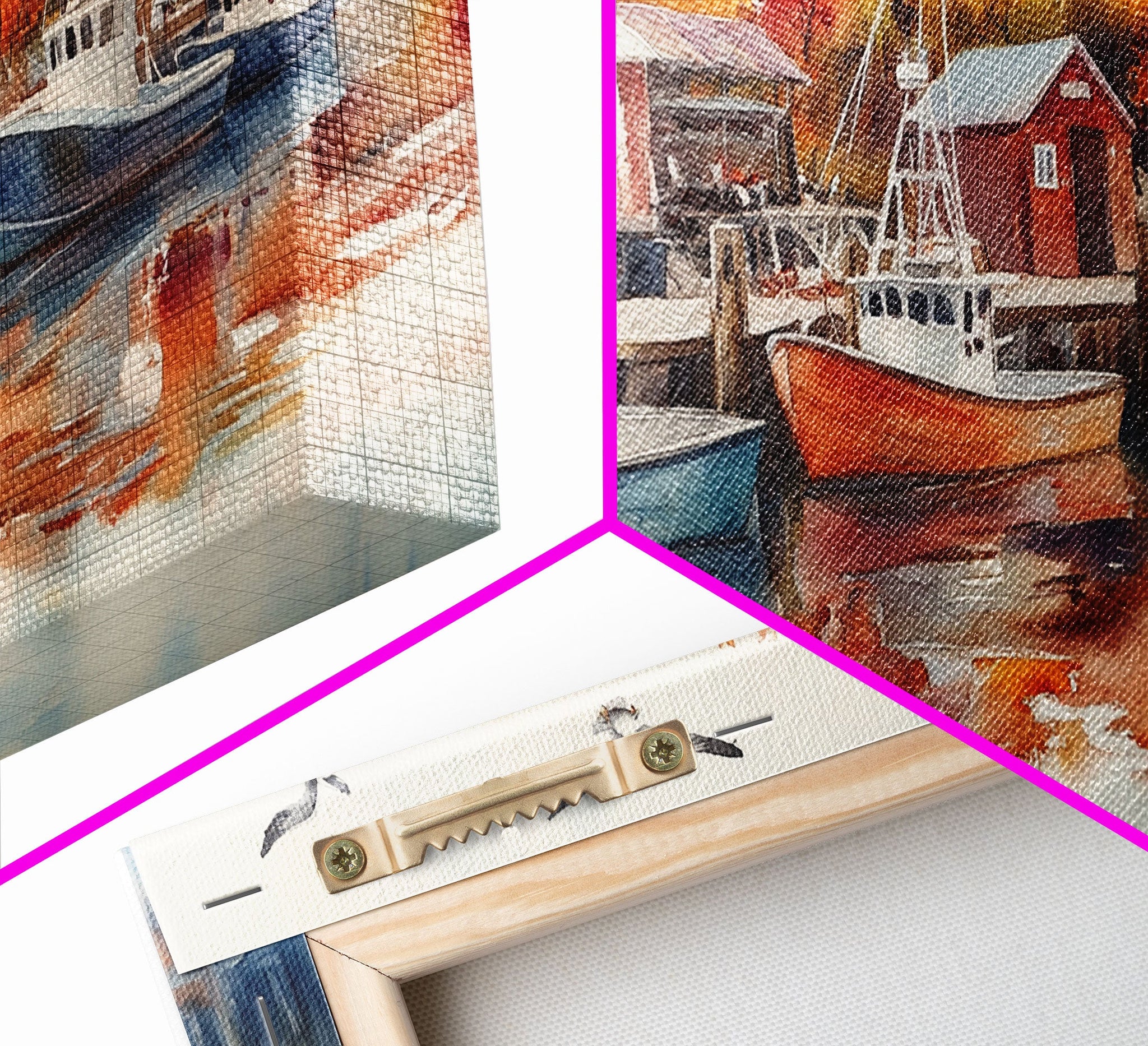 Fishing boats in harbor with autumn trees, framed canvas print, fall coastal art, rustic nautical decor, perfect gift idea, autumn wall art