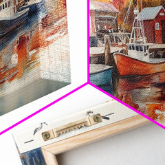 Fishing boats in harbor with autumn trees, framed canvas print, fall coastal art, rustic nautical decor, perfect gift idea, autumn wall art