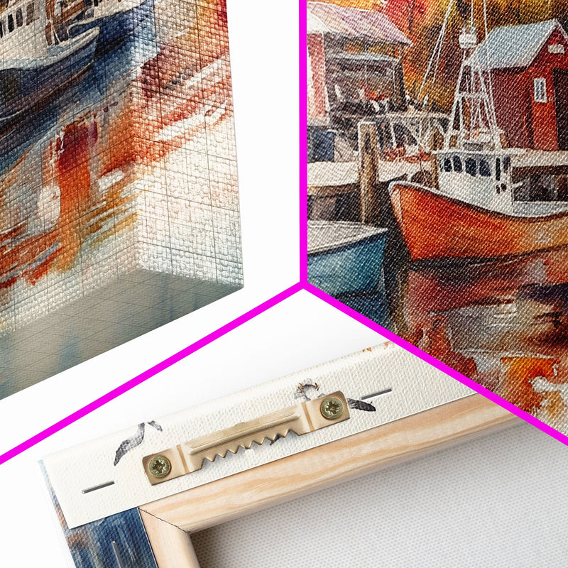 Fishing boats in harbor with autumn trees, framed canvas print, fall coastal art, rustic nautical decor, perfect gift idea, autumn wall art