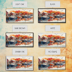 Fishing boats in harbor with autumn trees, framed canvas print, fall coastal art, rustic nautical decor, perfect gift idea, autumn wall art