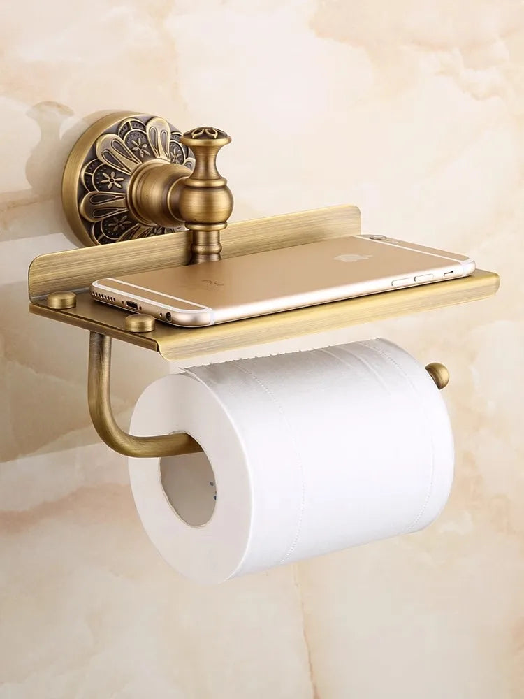 DecorBites™ Brass Bathroom Hardware Set: Shelf, Toilet Brush Holder, Paper & Towel Holder