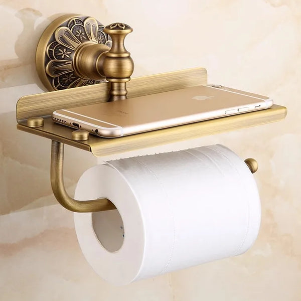 DecorBites™ Brass Bathroom Hardware Set: Shelf, Toilet Brush Holder, Paper & Towel Holder