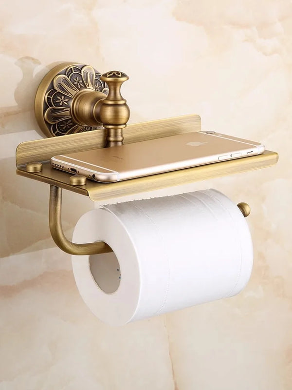 DecorBites™ Brass Bathroom Hardware Set: Shelf, Toilet Brush Holder, Paper & Towel Holder