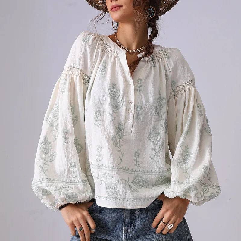 Bohemian Floral Embroidery Women Shirt Blouse Spring Summer Pink Green Long Lantern Sleeve Loose Vocation Style Ladies Tops New