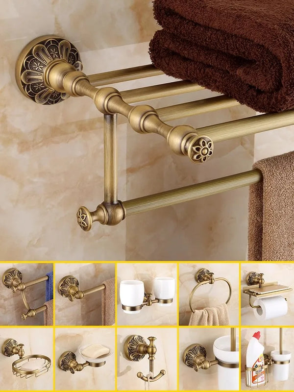 DecorBites™ Brass Bathroom Hardware Set: Shelf, Toilet Brush Holder, Paper & Towel Holder