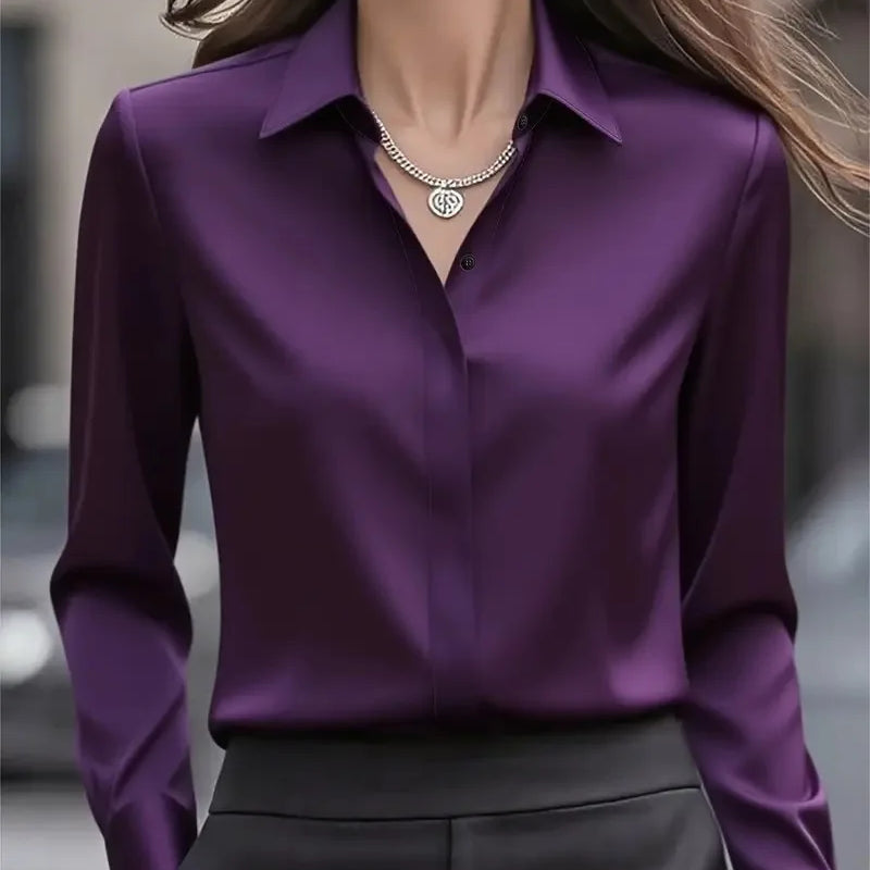 2025 New Women's Long-sleeved Shirt 10 Color Lapel Satin Button Cardigan Office Commuting Elegant Simple Top Basic Blouses