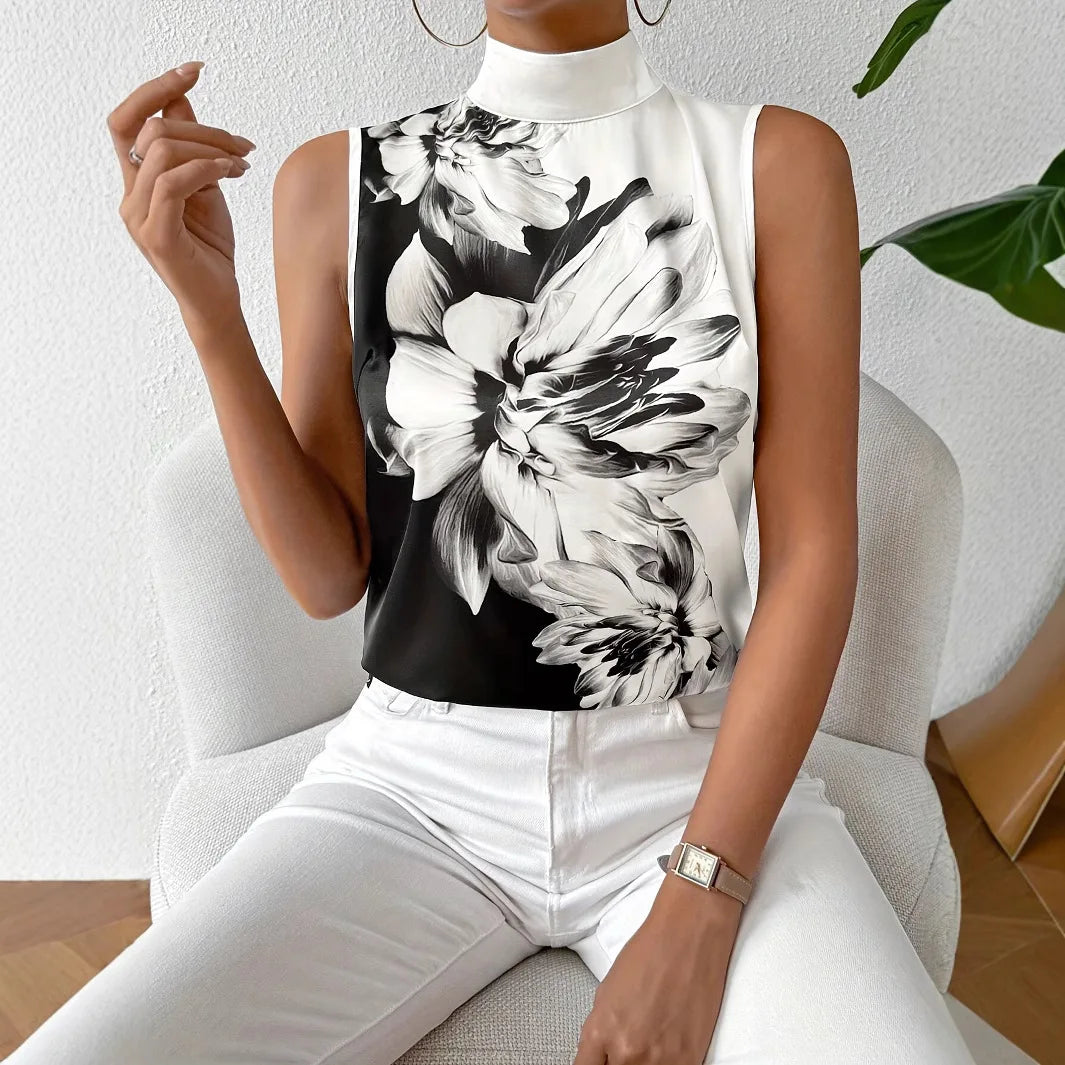 New In Elegant Blouses For Women 2025 Fashion Sleeveless Shirts Casual Flower Print Turtleneck Blouse Tops Camisas