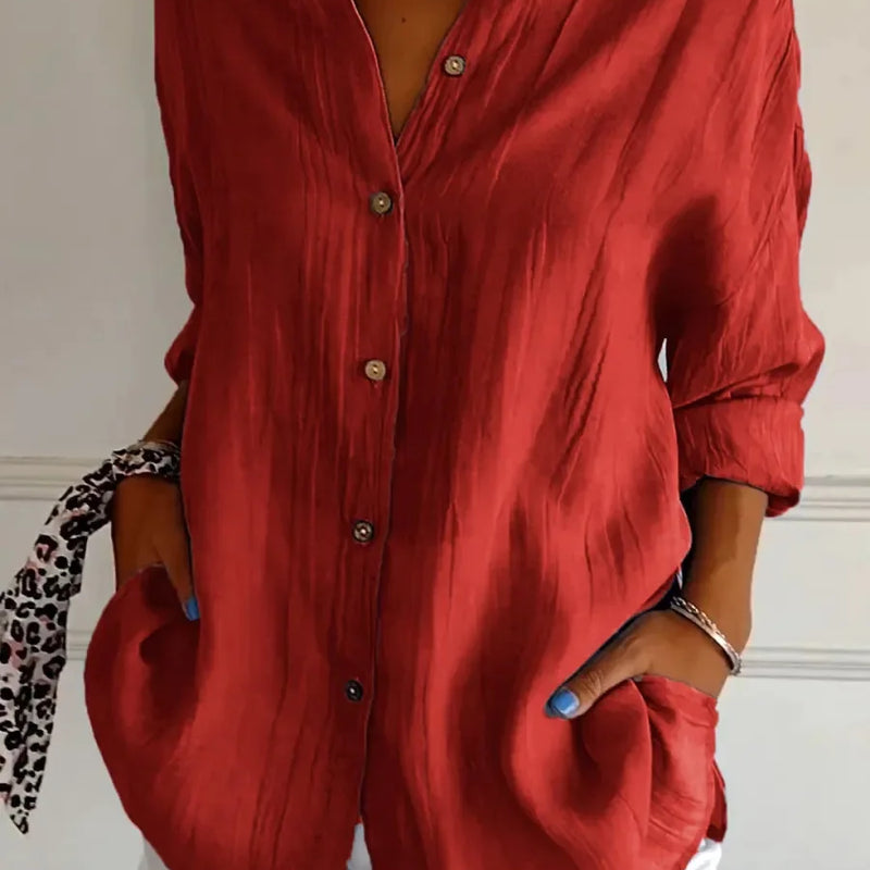 New Women's Shirt Casual Lapel Pleated Single-Breasted Button Solid Color Shirt Office Street Tops Blouses for Female