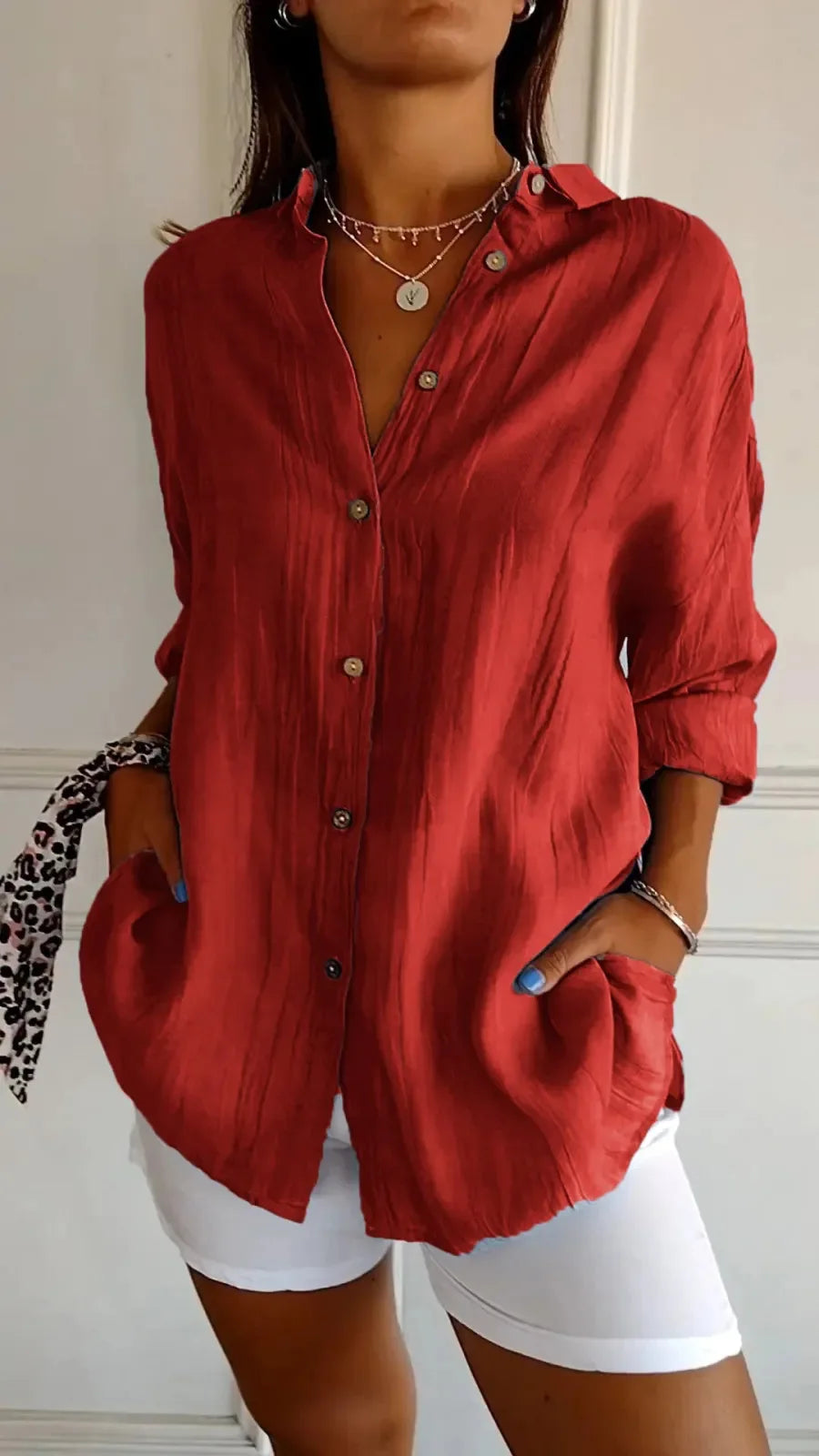New Women's Shirt Casual Lapel Pleated Single-Breasted Button Solid Color Shirt Office Street Tops Blouses for Female