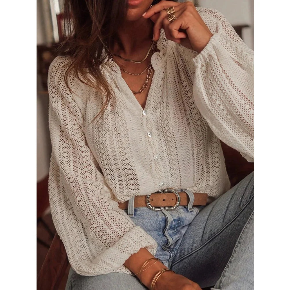 Women Autumn Blouses and Shirts Lace Hollow Out Long Sleeve V-neck Single Breasted Shirt Tops Blusas de mujer