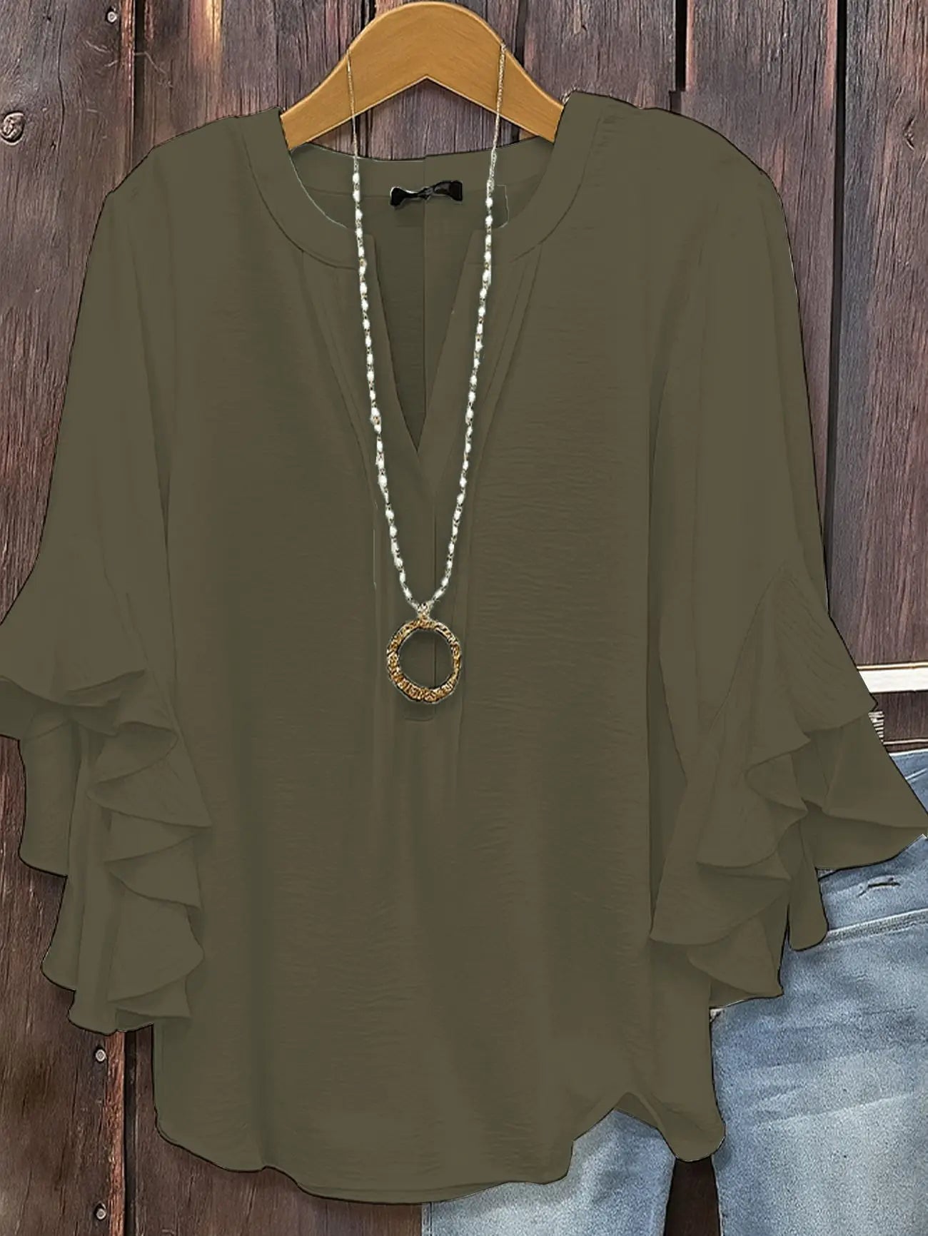 Women's Fashion Loose Chiffon Blouse V Neck Lotus Leafthree-quarters Sleeve Shirt Solid Color Business Casual Shirt Elegant Top