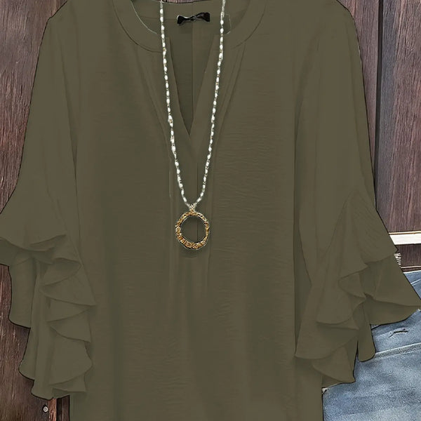 Women's Fashion Loose Chiffon Blouse V Neck Lotus Leafthree-quarters Sleeve Shirt Solid Color Business Casual Shirt Elegant Top