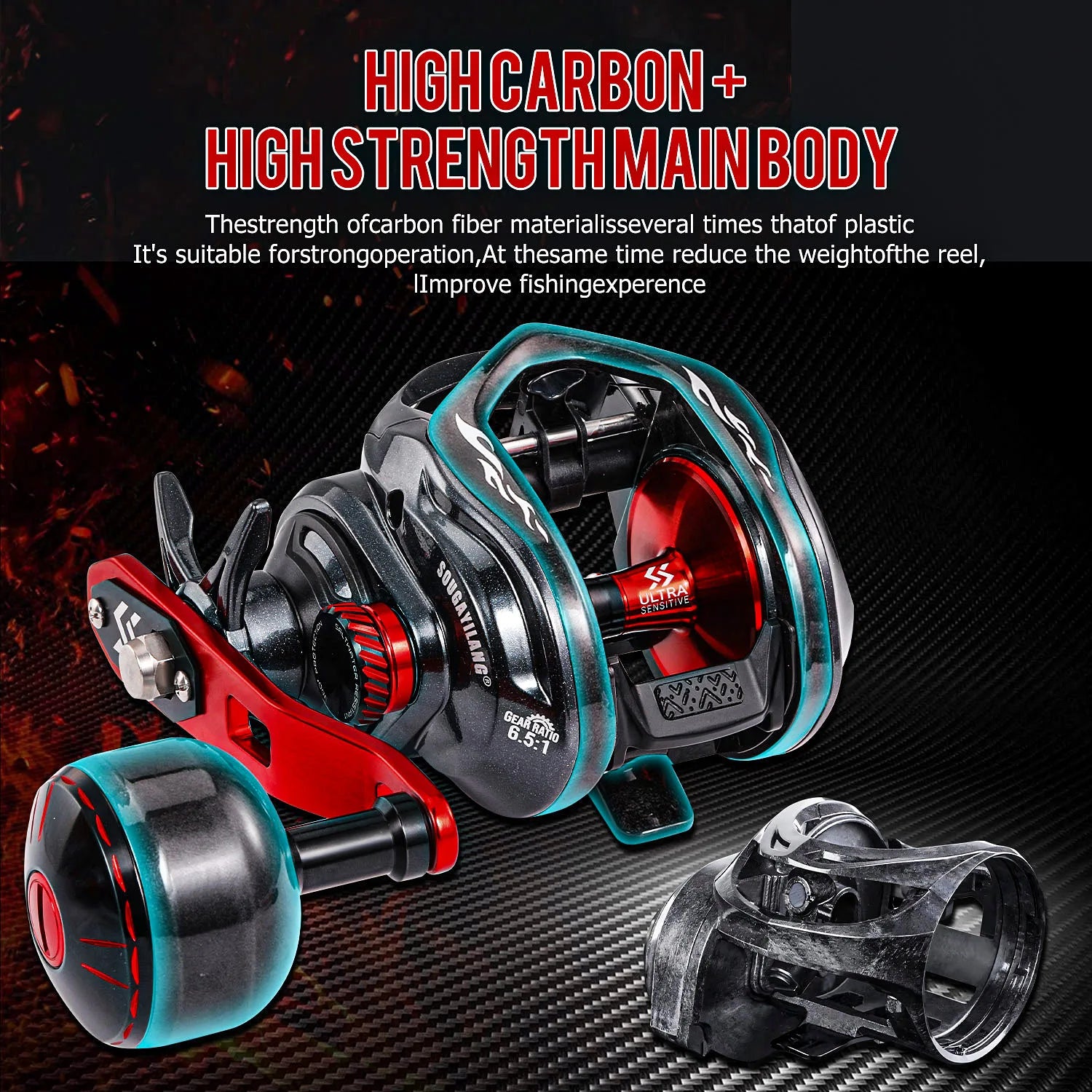 Sougayilang CDS 400 Baitcasting Reel 6.5:1 Gear Ratio 9+1 BB Carbon Fiber Body Max Drag 16KG Single Power Handle Fishing Reel