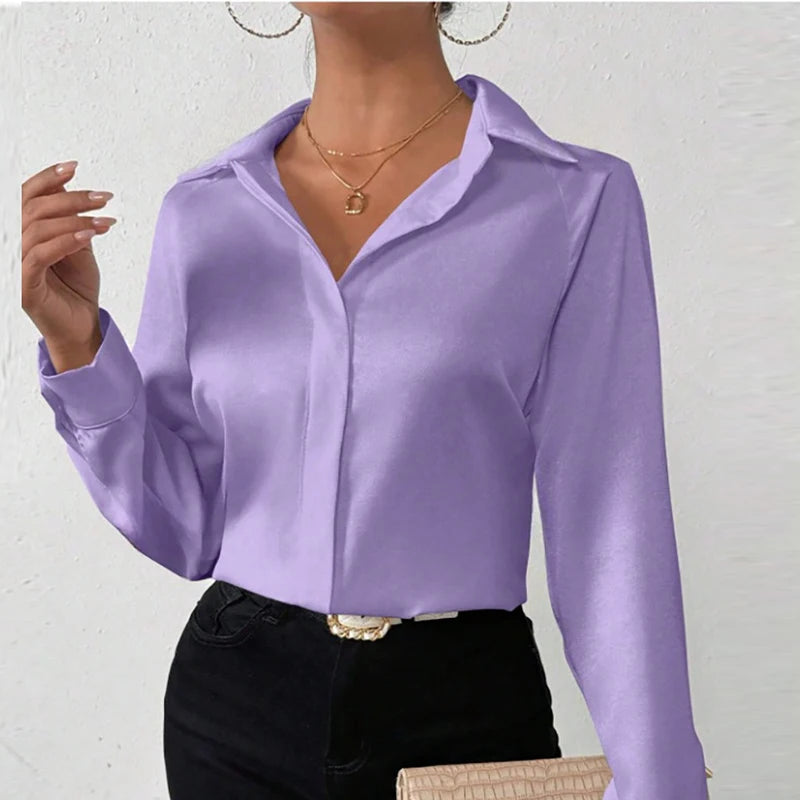 Women Long Sleeve Silk Shirt Female Fashion Turn Down Collar Button Blouse Women Elegant Satin Tops Office Lady Shirt
