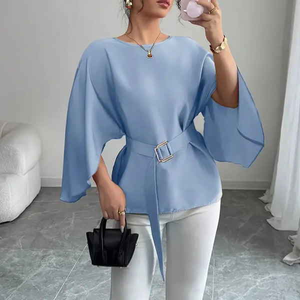 Elegant Loose Blouset With Belt Women 2025 Summer Fashion Half Sleeve Solid Color New Shirts And Blouses Casual Lady Tops