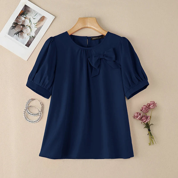 2026 Summer Blouse ZANZEA Women Elegant Office Work Shirts O Neck Short Sleeve Tops Casual Solid Shirt Bow Blusas Mujer Oversize
