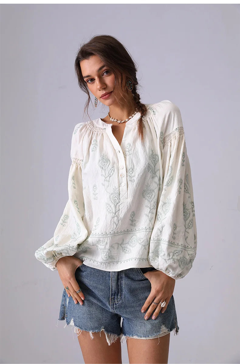 Bohemian Floral Embroidery Women Shirt Blouse Spring Summer Pink Green Long Lantern Sleeve Loose Vocation Style Ladies Tops New
