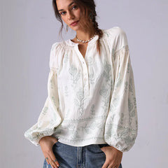 Bohemian Floral Embroidery Women Shirt Blouse Spring Summer Pink Green Long Lantern Sleeve Loose Vocation Style Ladies Tops New