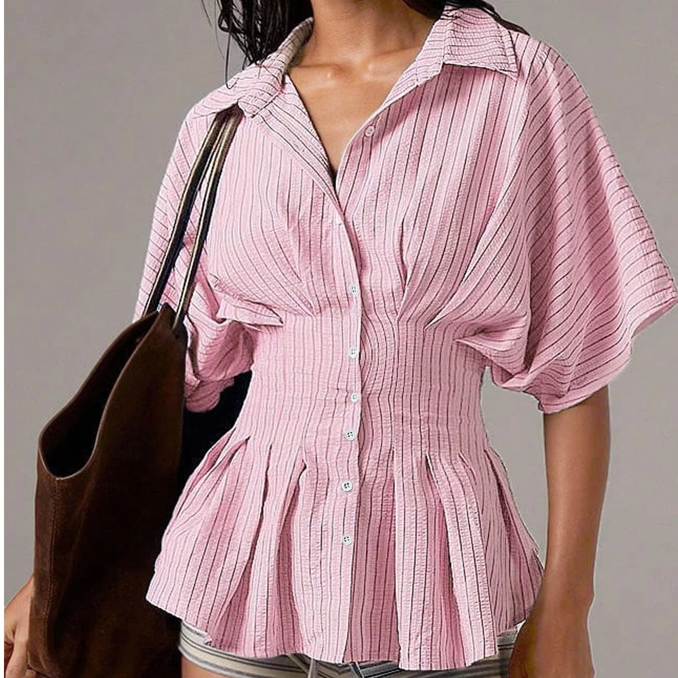 Women's Striped Peplum Blouse Summer Lapel Button Half Sleeve Slim Waist Shirt Pleated Flared Hem Stylish Casual Office Lady Top