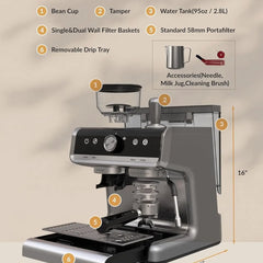 20 Bar Espresso Coffee Machine 1450W Semi Automatic Espresso Maker with Grinder for Latte Cappuccino Gift Coffee Lover